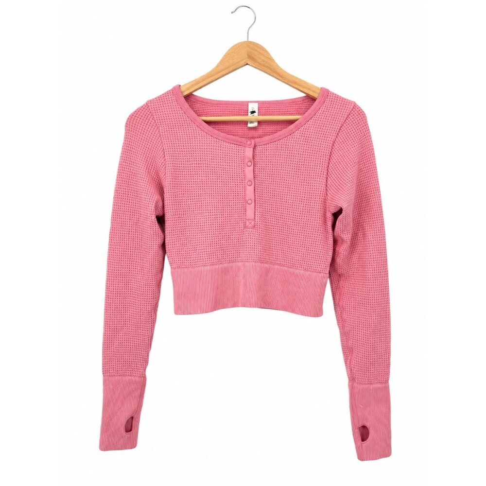 Aerie Offline Pink Waffle Knit Cropped Henley Top Size Medium
